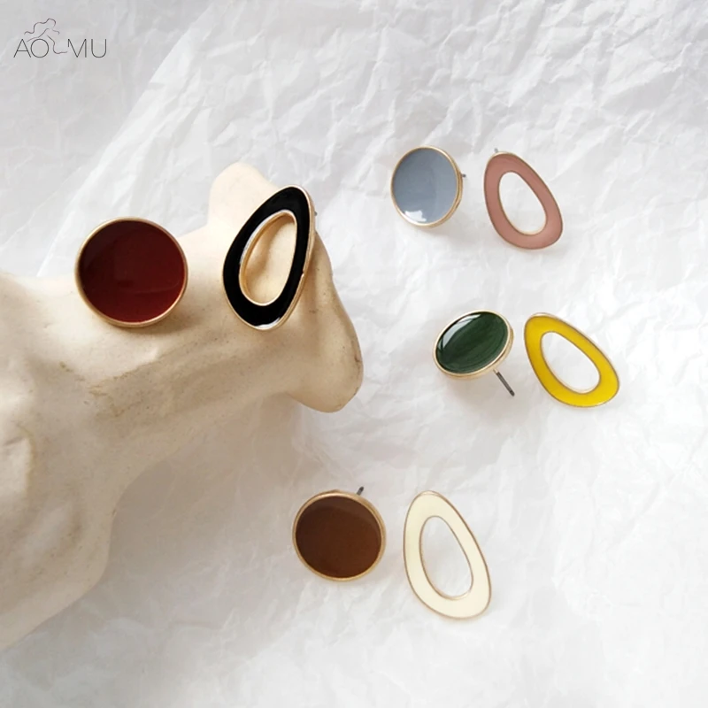 

AOMU Cute Simple Color Enamel Metal Geometric Irregular Asymmetry Circle Hollow Stud Earrings For Women Girl Party Jewelry Gift