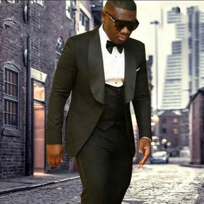 

Black Men Wedding Suits Wide Shawl Lapel Man Blazer Slim Fit Terno Masculino Costume Homme Groom Tuxedos 3Piece Coat Pants Vest
