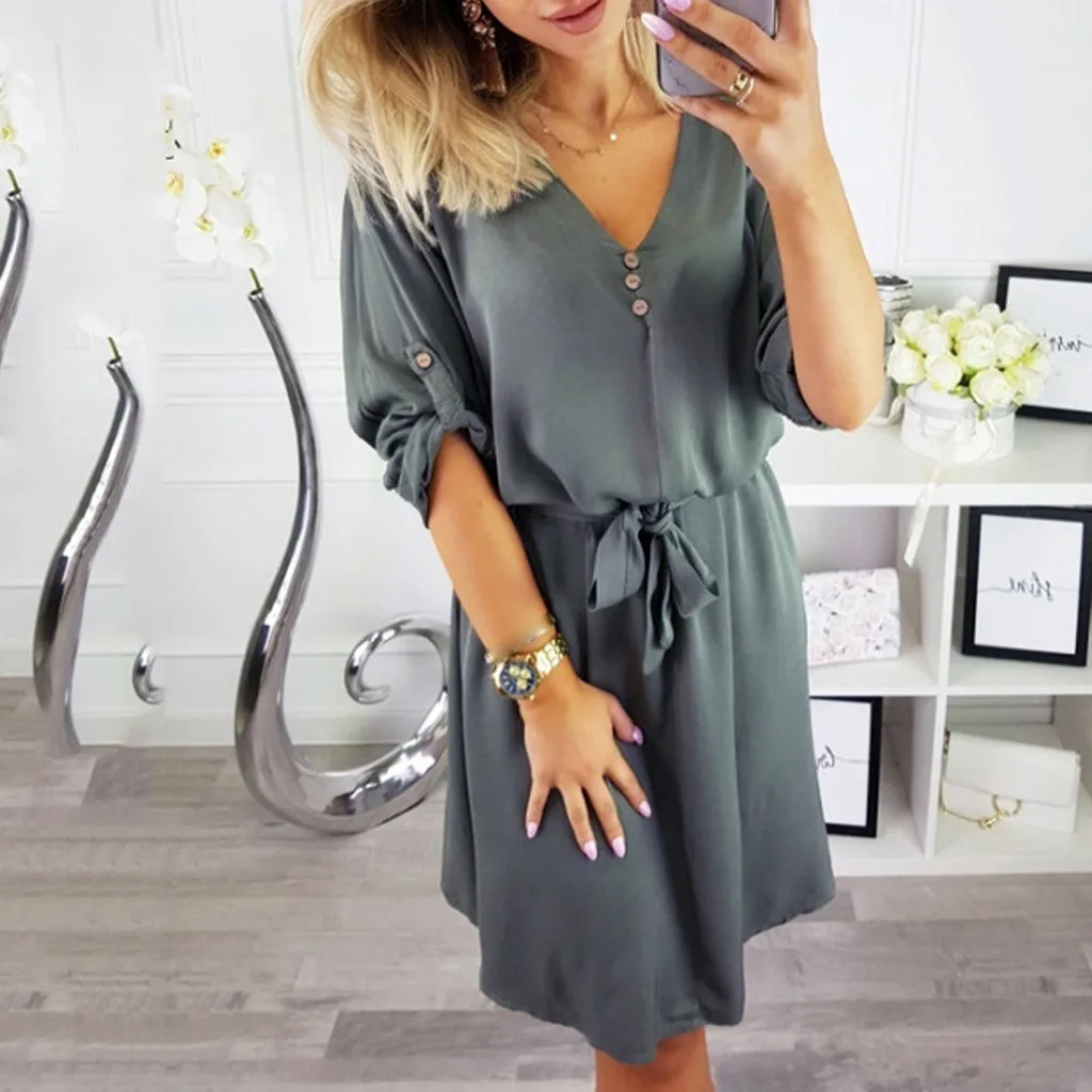 

Women Summer Dresses Sexy V Neck Women Casual Solid Design Buttons Half Sleeve Dress Sundress Sukienki Female Vestidos