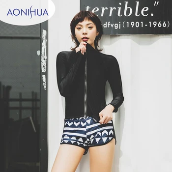

AONIHUA Three Piece Swimsuits Women Vintage Palm wave Print Long sleeve Swimwear female Retro Surfing Bathing Suit
