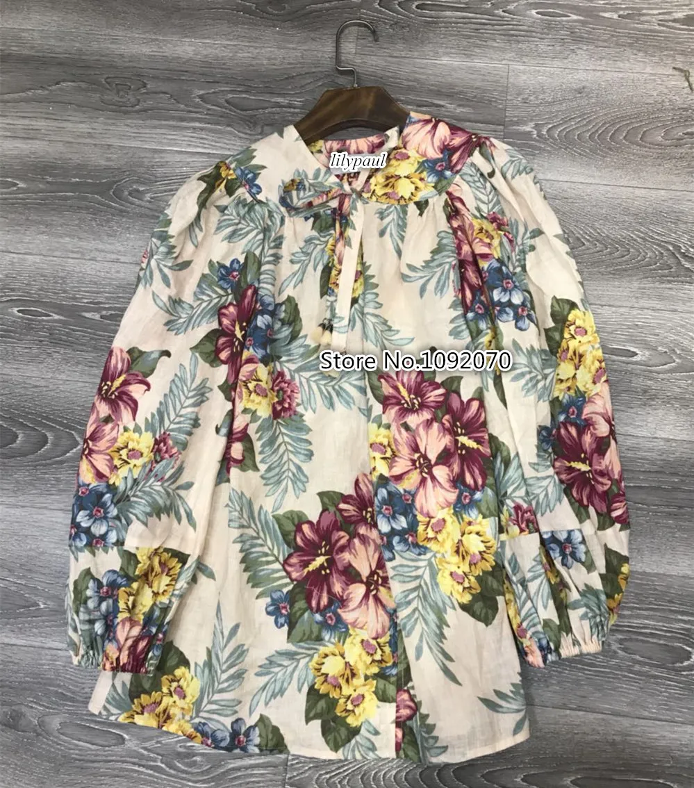

Women Floral Linen Kali Hibiscus Tie Blouse With Panelled Shoulders