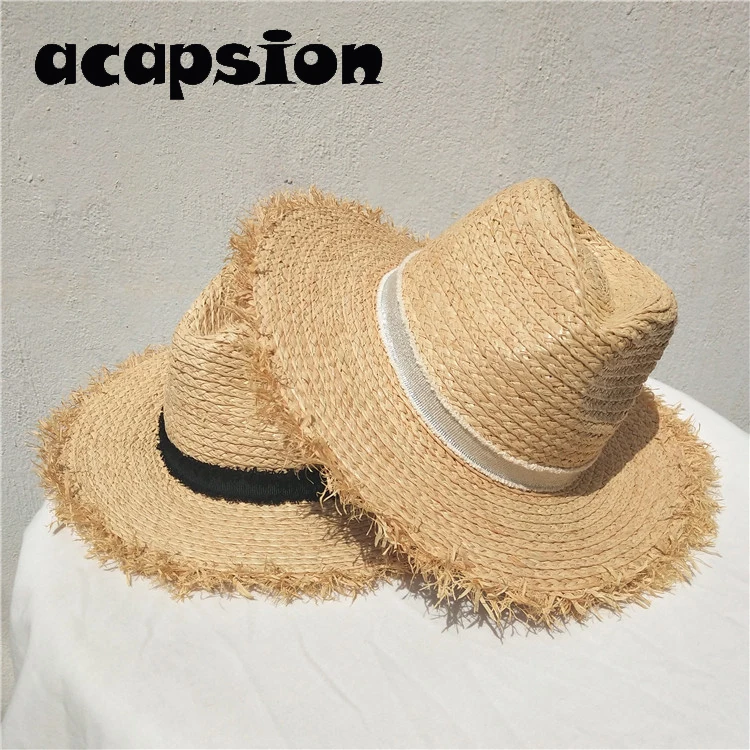 

Acapsion Summer Casual Sun Hats For Women Raffia Jazz Straw For Man Beach Sun Straw Panama Hat Boater Sun Shading Unisex Cap