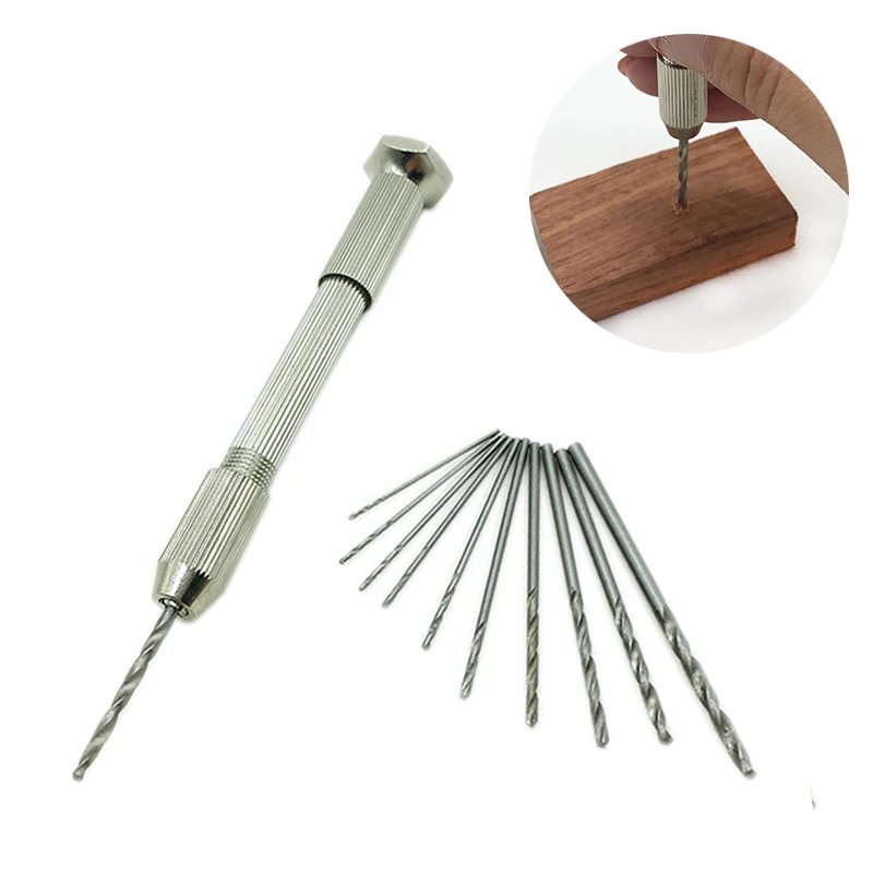 

YEODA High Quality Mini Micro Aluminum Hand Drill With Keyless Chuck +10pc Twist Drill Bit Woodworking Drilling Rotary Tools
