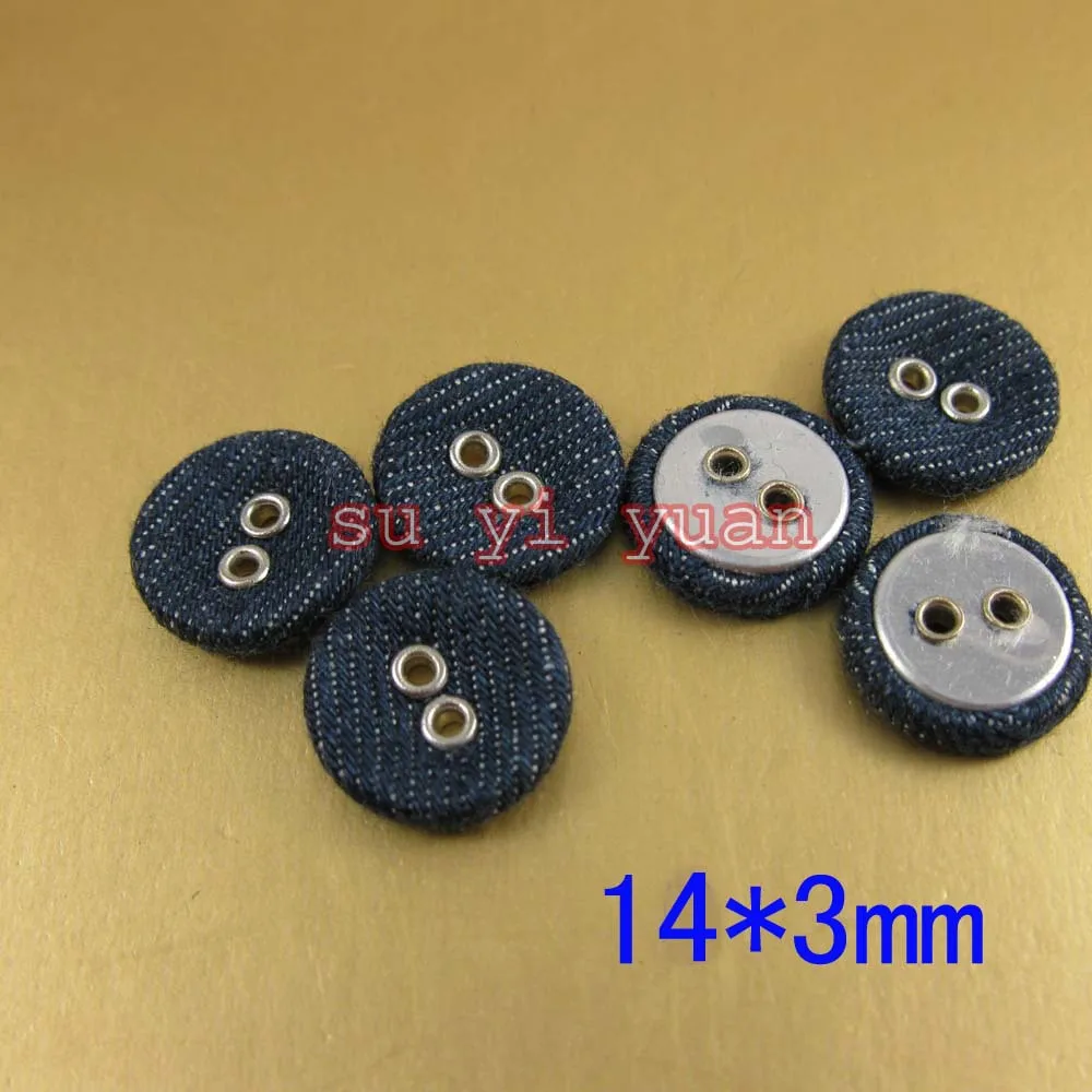14mm*3mm 40pcs/lot aluminum bottom Denim blue cloth covered button