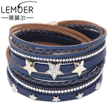 LEMOER панк, длинный Многослойный кожаный браслет для женщин и мужчин, модные хрустальные стразы, звезды, магнитные браслеты с подвесками, бижутерия