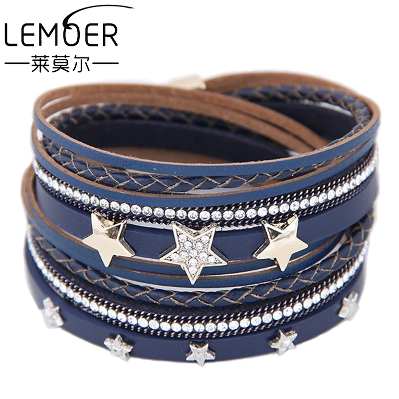 

LEMOER Punk Long Multilayer Leather Bracelet for Women Men Fashion Crystal Rhinestone Stars Magnetic Wrap Bracelets Charm Bijoux