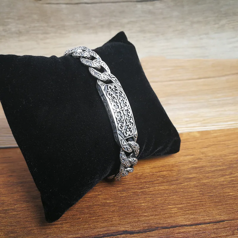 Мужской браслет из стерлингового серебра 925 пробы тайский серебряный Ретро-фантазийное, панк-браслет с модным узором цепь для камеи подарки