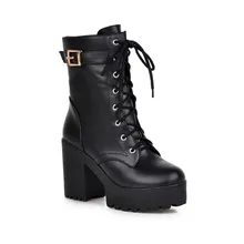 2016 New Winter Women Black High Heel Martin Boots Buckle Gothic Punk Ankle Motorcycle Combat Boots Shoes Black/Brwon 6831