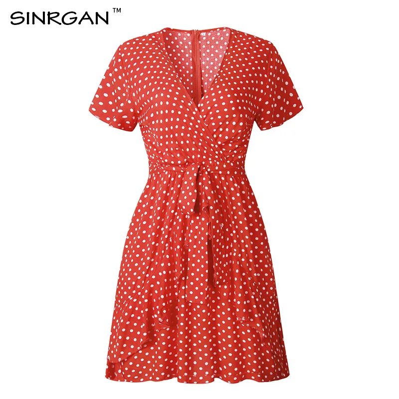 SINRGAN Модный принт в горошек с v-образным вырезом и рюшами на молнии, женское платье Лето с коротким рукавом Пояс с поясом Мини-платье - Цвет: red