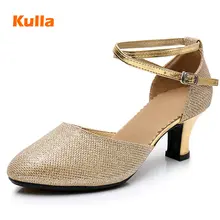 Женская танцевальная обувь для латинских танцев сальсы с закрытым носком; цвет золотистый, фиолетовый; мягкая подошва; обувь для взрослых женщин; Обувь для бальных танцев, танго;