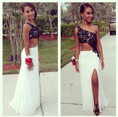 

new hot Sexy charming Black and White Lace Prom dresses 2015 One shoulder Vestidos de fiesta custom made Side slit evening dress