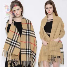 New 2016 Women Brand Pocket Tartan Tassel Cashmere Scarves Double Faced Winter Pashmina Shawl Scarf Colorful Blanket JQ7104