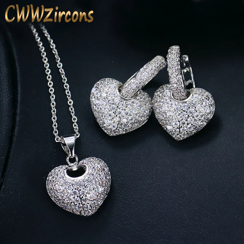 CWWZircons модные милые в форме сердца кубический цирконий камень любовь кулон ожерелье серьги Ювелирные наборы для дам подарок T052 - Окраска металла: silver