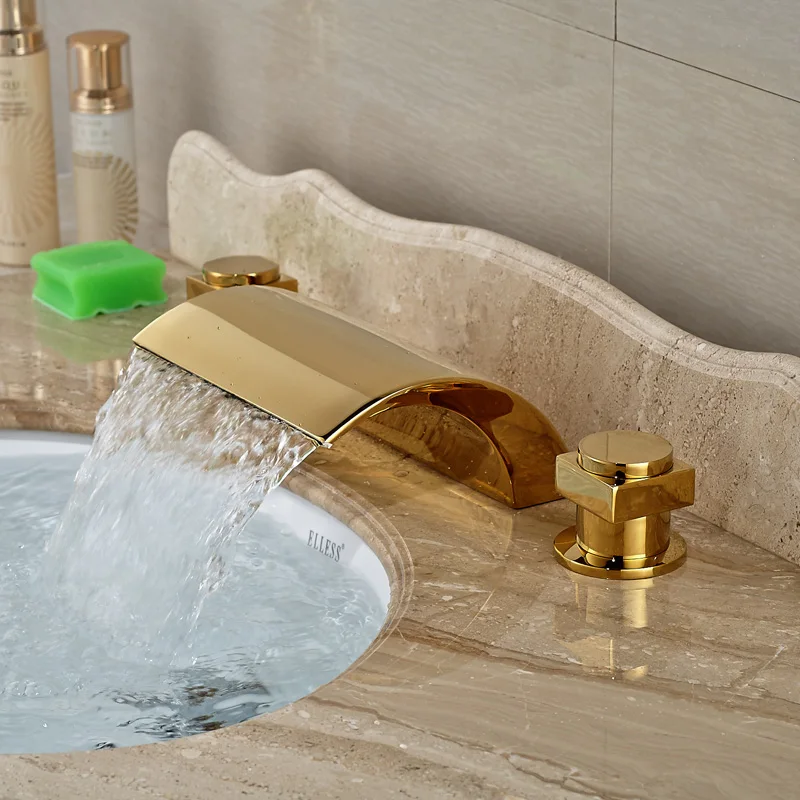 

Modern Deck Mount Waterfall Spout Bathroom Basin Sink Faucet Bathtub Mixer Tap Dual Handles