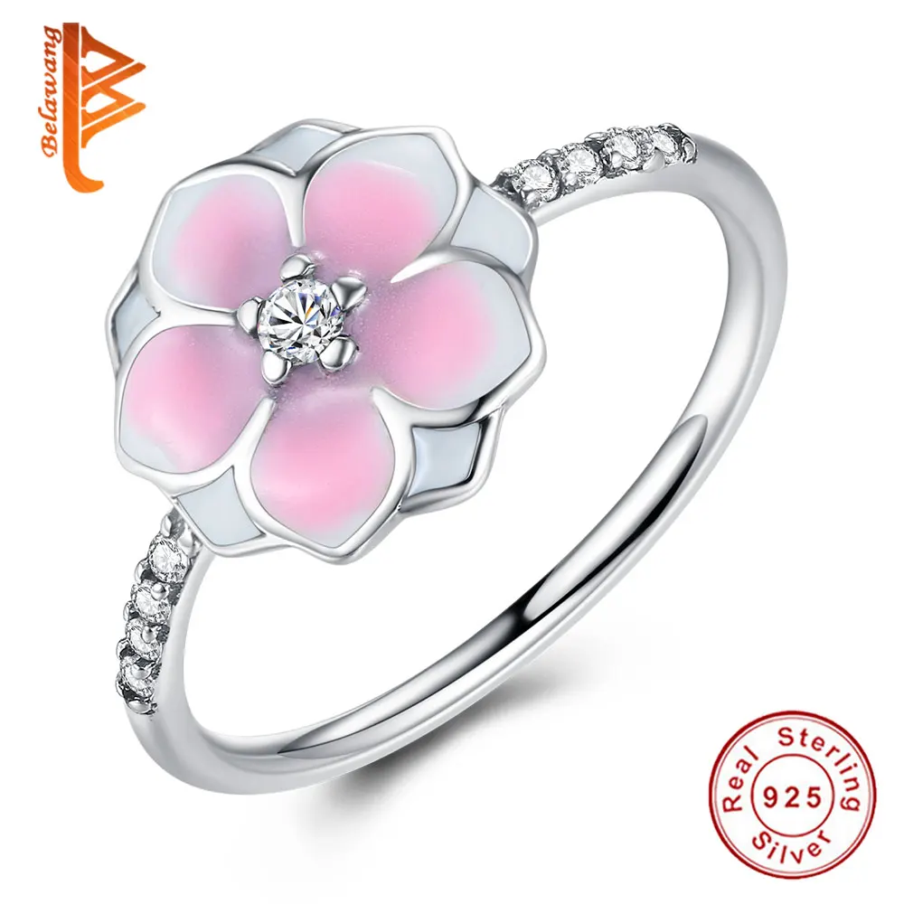 

BELAWANG Fashion Real 925 Sterling Silver Magnolia Bloom,Pale Cerise Enamel & Pink CZ Finger Rings Silver Jewelry for Women Gift