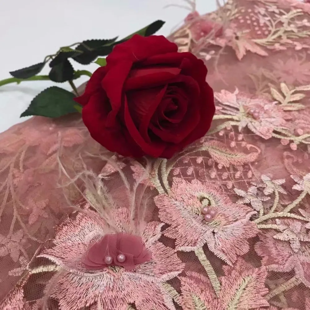 Peach Beaded 3 d flowers lace fabric high quality african lace fabric