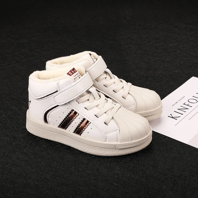 

Genuine leather Children's high-top cotton shoes 2018 winter warm plus velvet short boots boys and girls waterproof cotton shoes