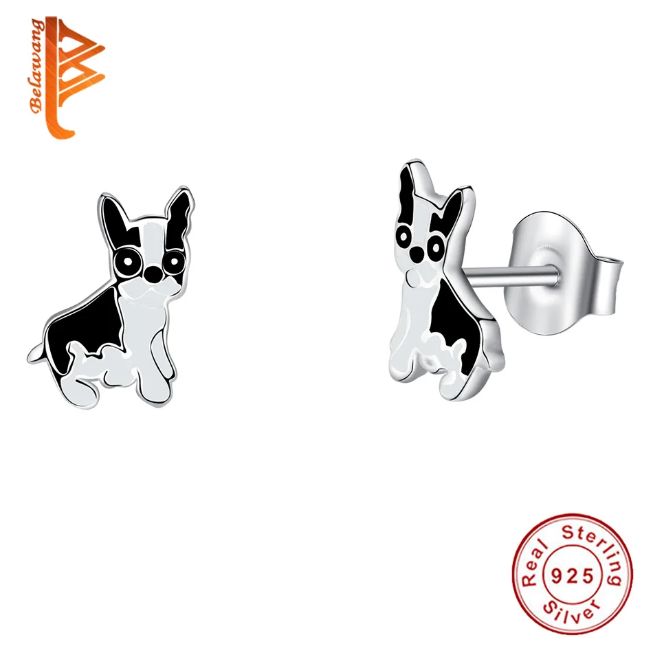 BELAWANG Spring Silver Jewelry Cute Dog Animal Small Stud Earrings 925 Sterling Silver French Bulldog for Women Girls Party Gift