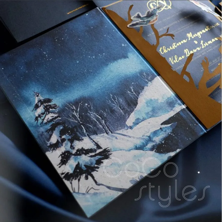  Cocostyles bespoke creative gold foiling navy invitation card with snowflake and bird for winter we - 32878332914