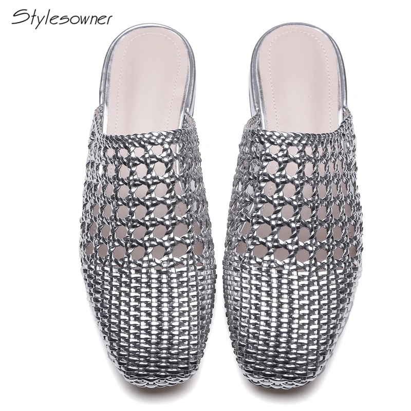 

Stylesowner Fashion Cane Knit Mesh Flat Slippers Sumemr Beach Casual Women Slides Round Toe Top Quality Flat Slippers Big Size42