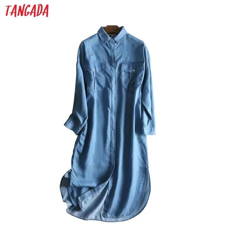 

Tangada women denim shirt dress loose side open retro long sleeve chic ladies mid calf length jeans dress vestidos 2P05