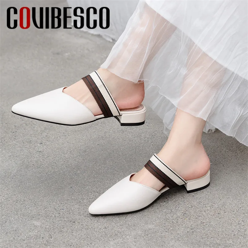 

COVIBESCO Classic Design Pointed Toe Mules 2019 Summer New Genuine Leather Shallow Slip On Women Pumps Party Shoes Woman Summer