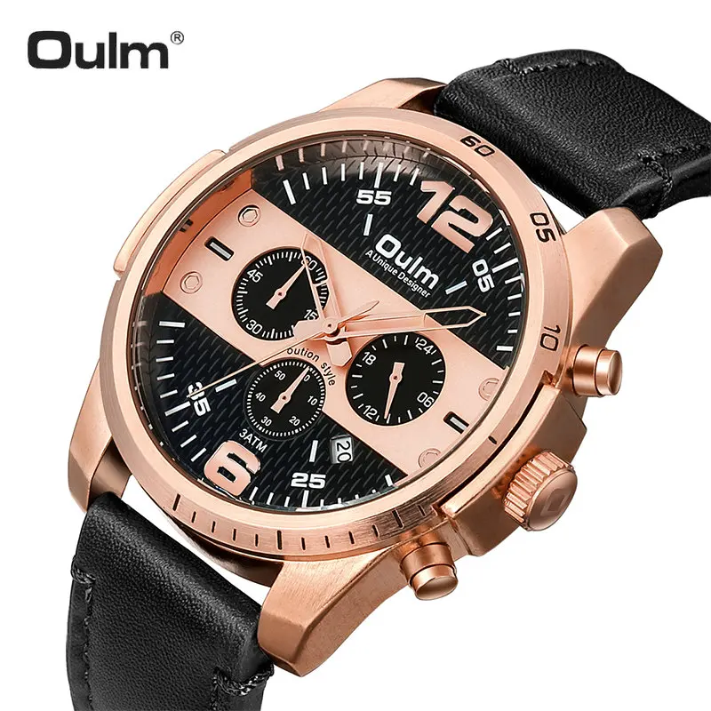 

OULM Outdoor Sports Watch Men Quartz Clock 3 Sub-dials Decoration Calendar Black Leather Strap Mens Watches Top Brand Luxury