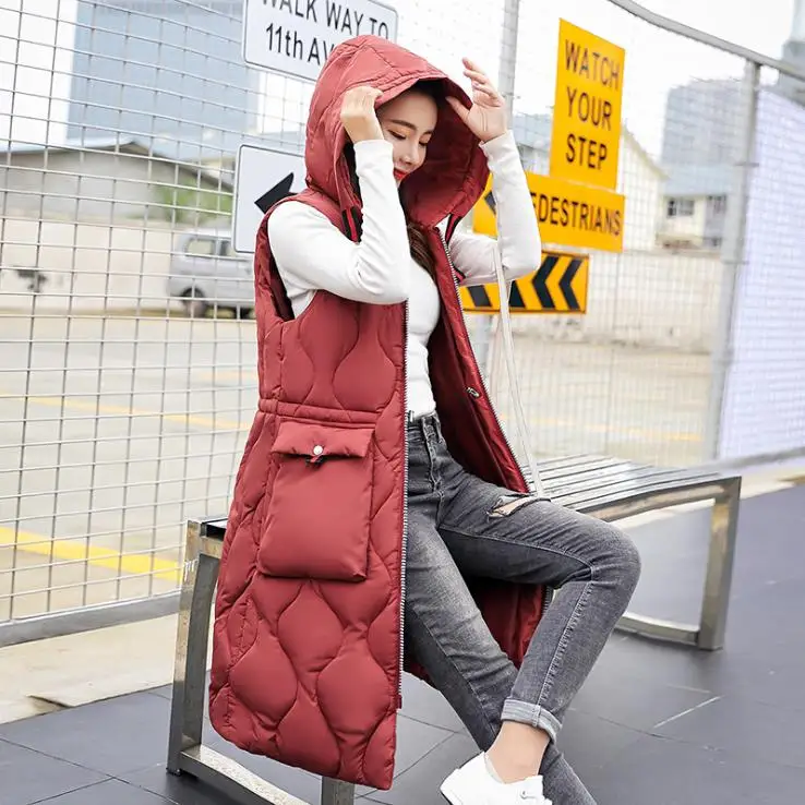 Женский осенне-зимний хлопковый удлиненный утепленный жилет с капюшоном размера плюс 3XL, Женская однотонная модная куртка без рукавов D243 - Цвет: Brick red