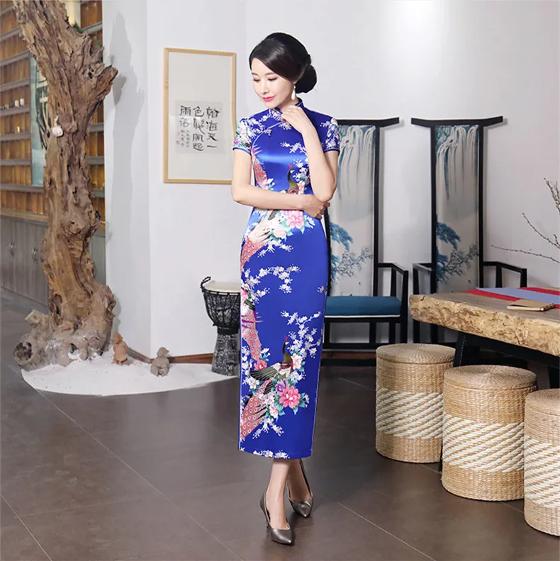 Пикантные синие Для Женщин Атлас ежедневно Повседневное Qipao платье Новые летние с цветочным принтом длинные китайское платье Чонсам Размеры S M L XL 2XL 3XL 4XL