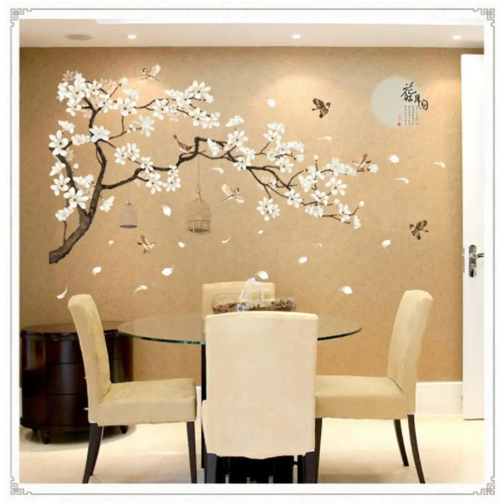DSstyles 187x128 см Большой размер дерево наклейки на стену с изображением птиц цветок домашний декор обои для гостиной спальни DIY комнаты украшения