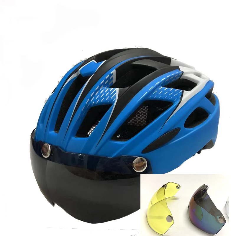 Szelyia Велоспорт шлем линзы солнцезащитные очки козырек велосипедный шлем da bicicleta bici Mtb велосипедный шлем 57-61 см - Цвет: blue in 3lens