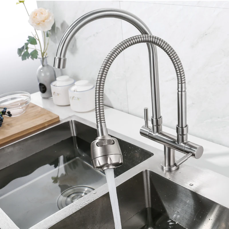 

IVRICH Double Tube Single Cold Tap 2 Handles 2 Outlet Switchable 2 Mode Spout All Stainless Body Kitchen Sink Faucet VR4016A
