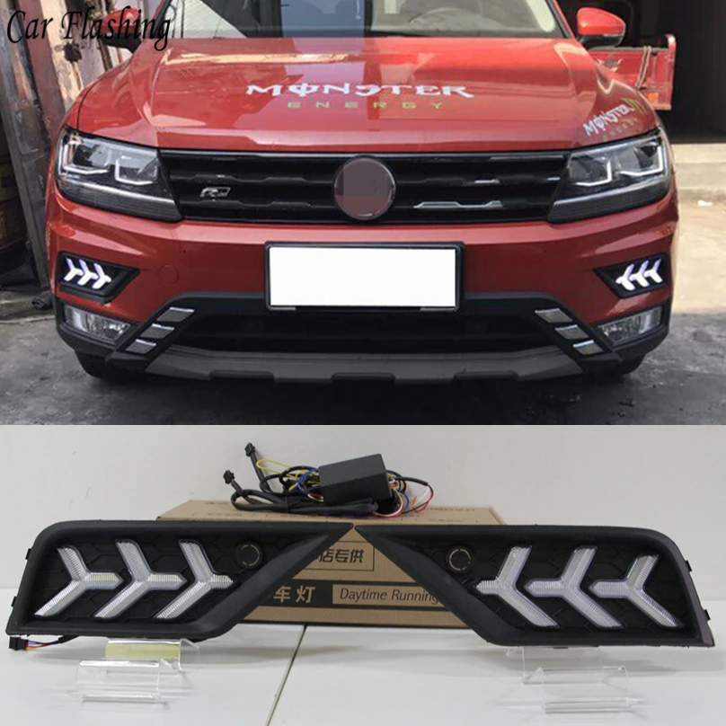 

Car Flashing 1set Car LED Daytime Running Light For Volkswagen VW Tiguan 2017 2018 DRL with Yellow Turning Night Blue Functions