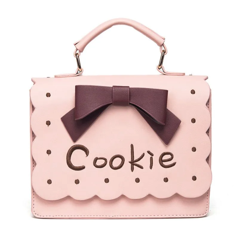 

J-BG pink Women Biscuit Shaped Shoulder Bag Cookie Embroidery Bowknot Handbag PU Crossbody Messenger Bag sac a main femme