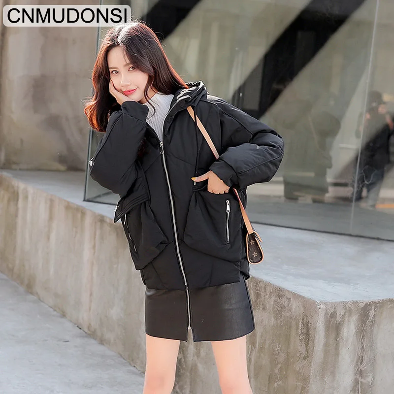 CNMUDONI2019New, Европейская Женская зимняя куртка, теплая, плотная, свободная, большого размера, короткая, хлопковая куртка, модная, однотонная, с капюшоном, парка, верхняя одежда