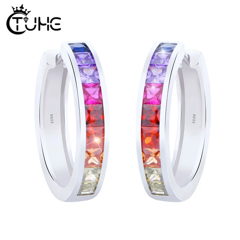 Радужные серьги с фианитами для женщин, ювелирные изделия из стерлингового серебра S925 пробы, серьги-гвоздики, aros mujer, oreja, один ряд кристаллов, вечерние ювелирные изделия, подарок