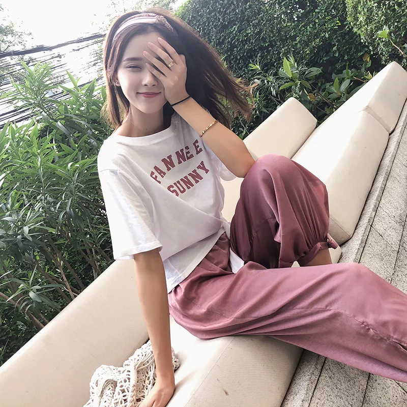 

Mishow women 2019 summer pink letter print suits two-pieces casual street wear short tees ankle-length harem pants MX18B0156