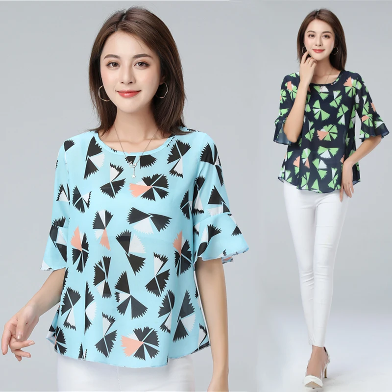 

M-5XL Women's Chiffon Blouse Summer 2019 New Fashion Casual Printing Flare Short-sleeve Pullovers Loose Tops Shirt Female