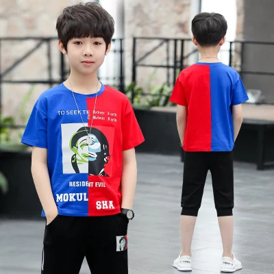 Летние футболки для мальчиков Новая летняя детская одежда в Корейском стиле детский красивый костюм одежда с коротким рукавом для детей из двух частей - Цвет: Синий