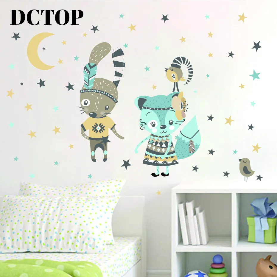 Lovely Tribe Mr Rabbit and Ms Cat Sticker Children kid Moon Stars Decals Home Art Bedroom Nursery Room Door Decoration Wallpaper (1)