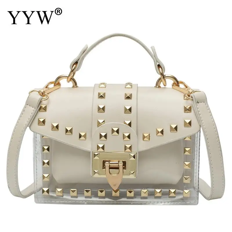 

Rivet Transparent Shoulder Bag Women Fashion Jelly Handbag With 2piece Soft Daybag Female Clutch Mini Girl Box Luxury Bolsa 2019