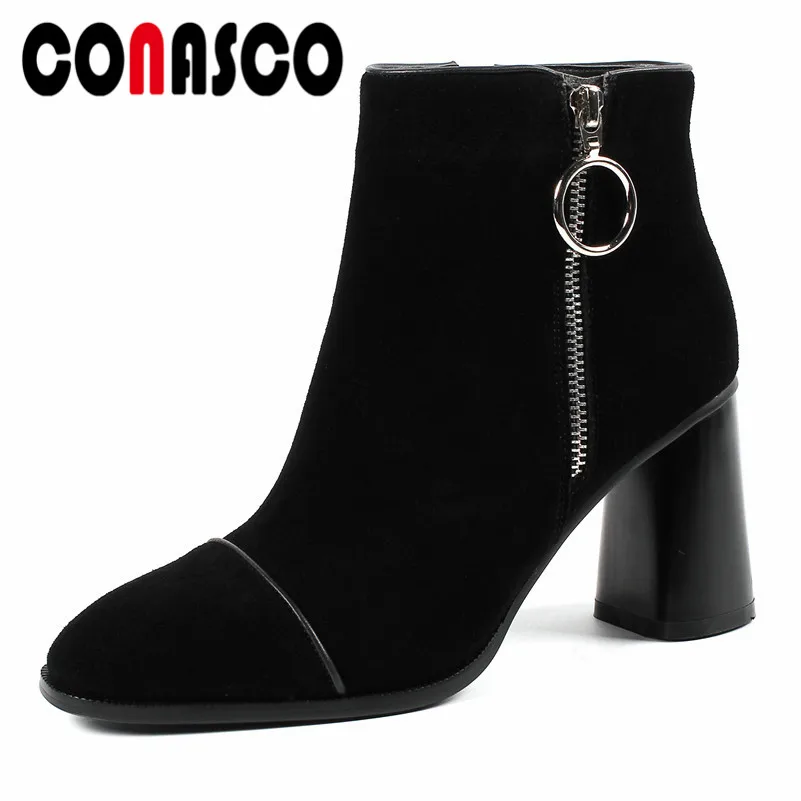 

CONASCO Women Cow Suede High Heels Ankle Boots Buckles Elegant Office Pumps New Warm Ladies Autumn Winter Short Basic Boots