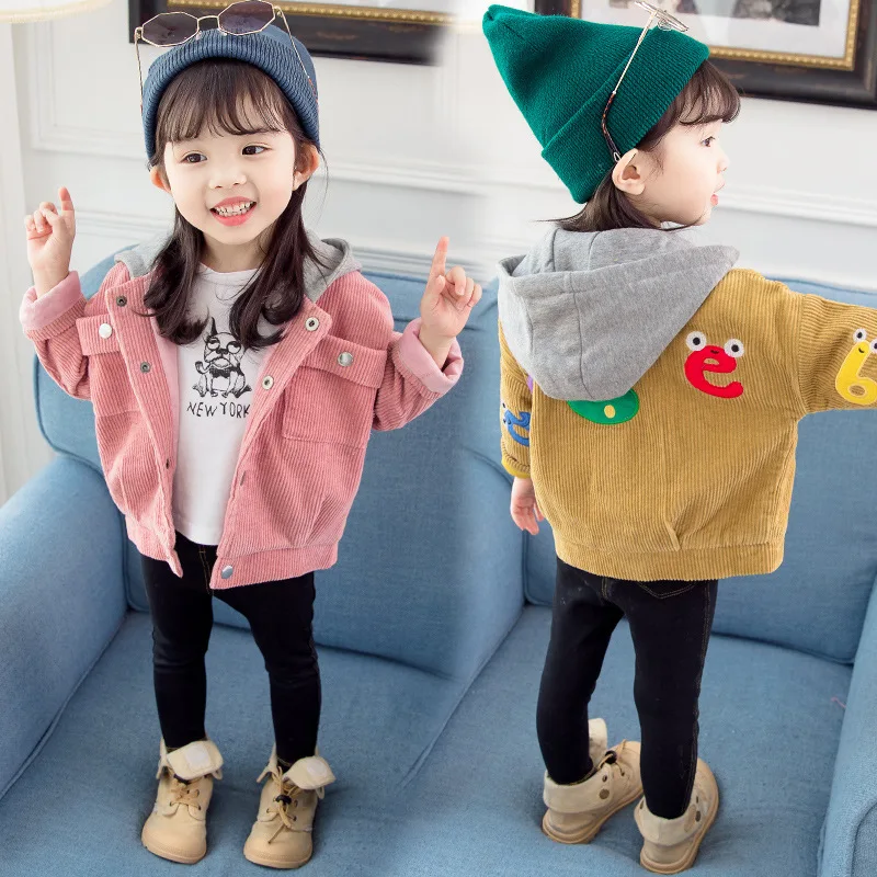 

Toddler Girls Corduroy Sport Printed Hooded Jacket Coat Kids Sweatshirt Baby Clothes Children Tops Costume Outerwear For Girls