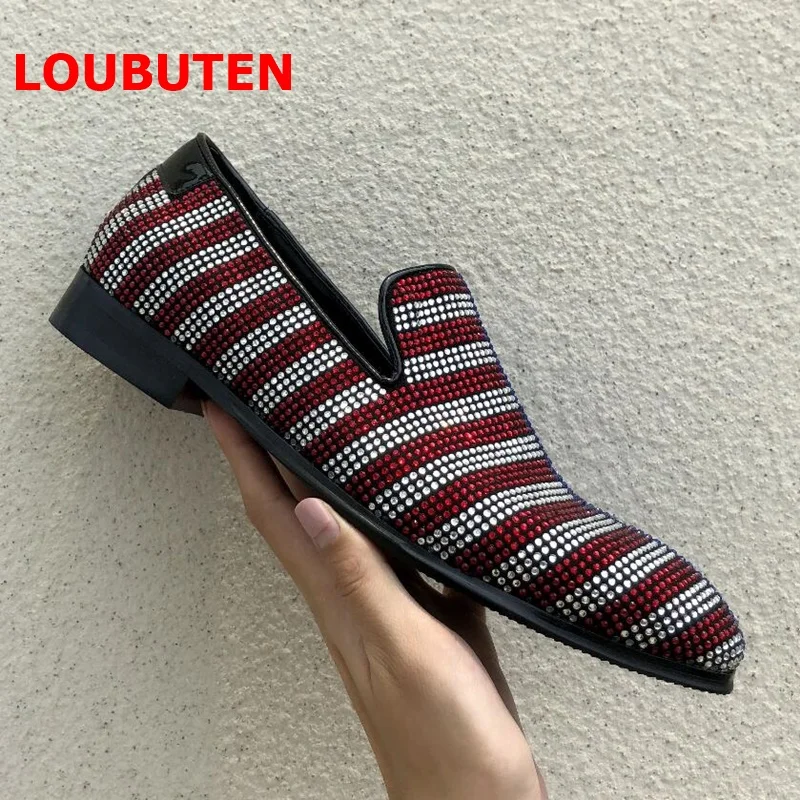 LOUBUTEN Luxury Mixed-color Rhinestone Loafers Men Suede Leather Shoes Handmade Slip On Men's Prom And Wedding Shoes