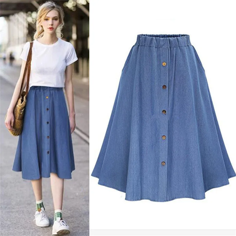 

Women Skirts New large size denim skirt long loose skirt button elastic waist casual college wind Plus Size High Waist Skirt
