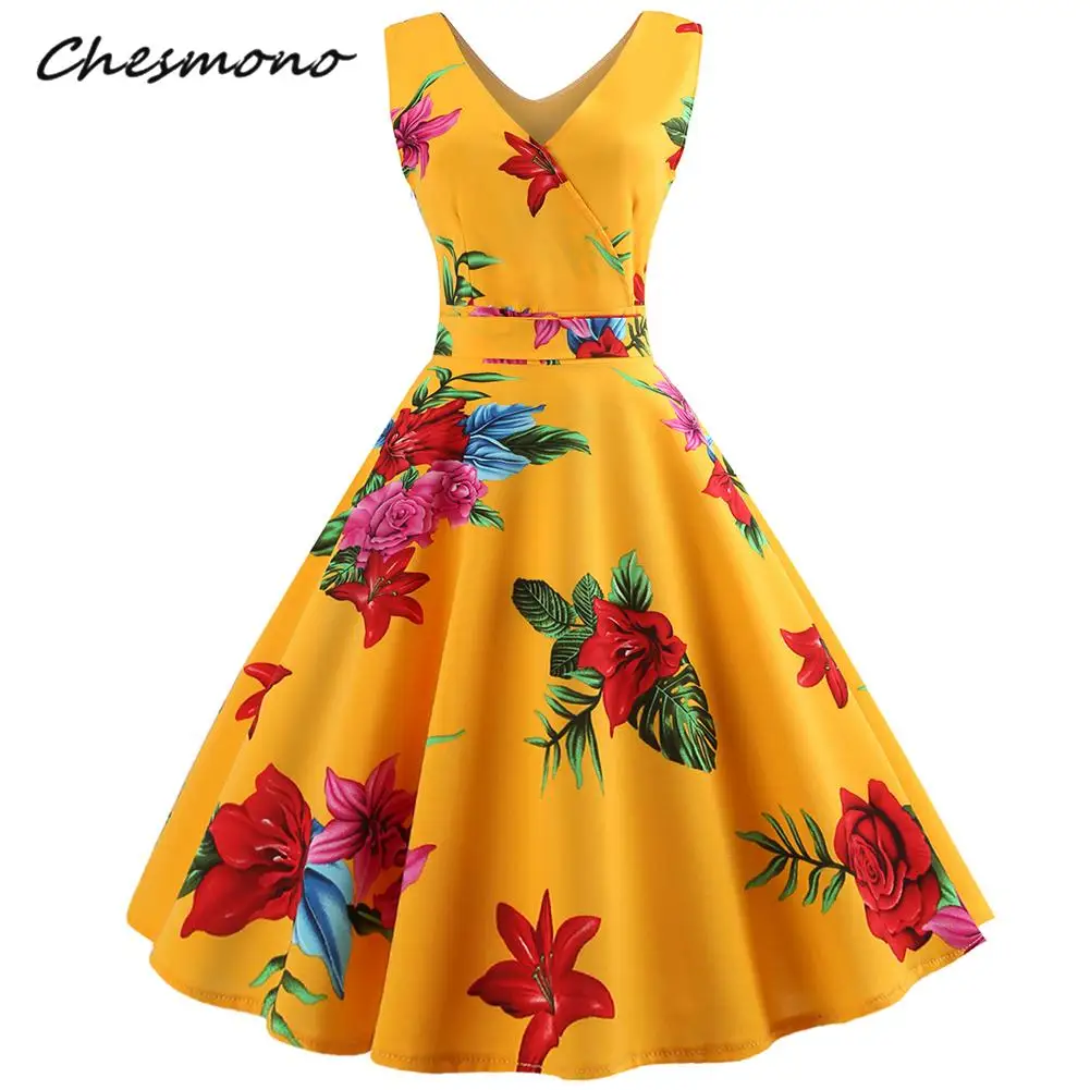 Summer Autumn Dress Women Retro Floral Print 50s 60s Vintage Dress With