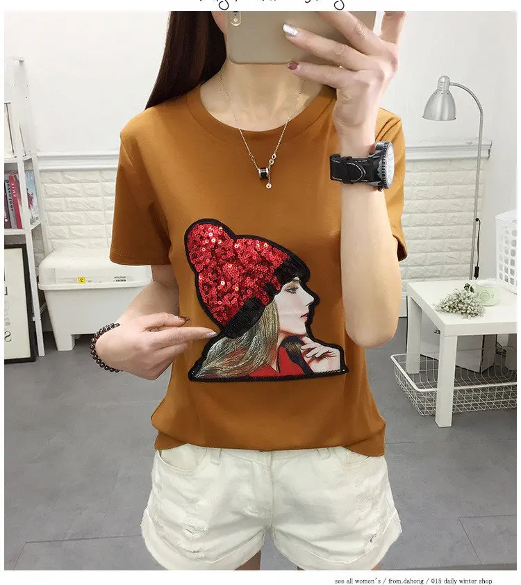 New Summer T-shirt Women Tshirt Plus Size Funny Print Tops Tees Femme Short Sleeve Sequins Poleras Mujer Moda 2018 (9)