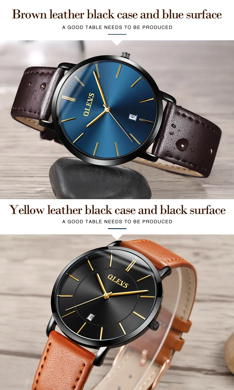 Оригинальные мужские часы OLEVS, брендовые, ультра тонкие, повседневные, водонепроницаемые, кожаные, спортивные, мужские, s, кварцевые часы, черные, Relogio Masculinoo