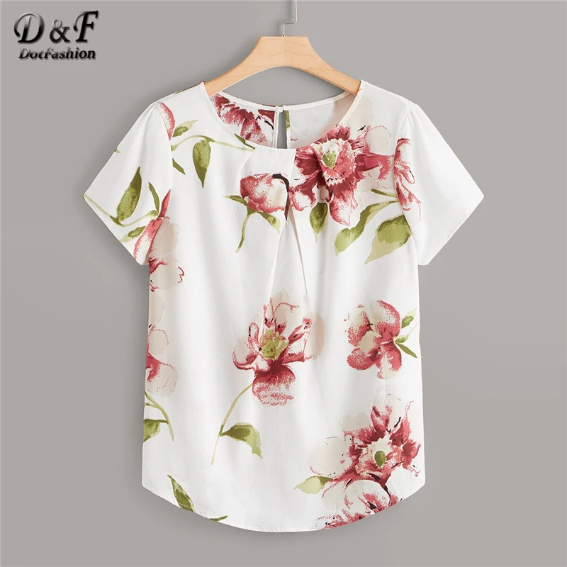 

Dotfashion Plus Size Pleated Front Floral Print Womens Tops And Blouses 2019 Summer Boho Short Sleeve Clothes Ladies Fashion Top