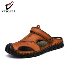 VESONAL/повседневные пляжные сандалии; винтажные мужские сандалии из коровьей кожи; тапочки для взрослых прорезиненный костюм; Качественная обувь ручной работы
